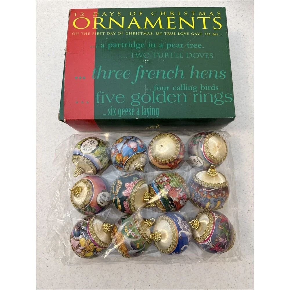 Twelve (12) Vintage Gold Satin Wrapped 12 Days Of Christmas Ornaments New In Box